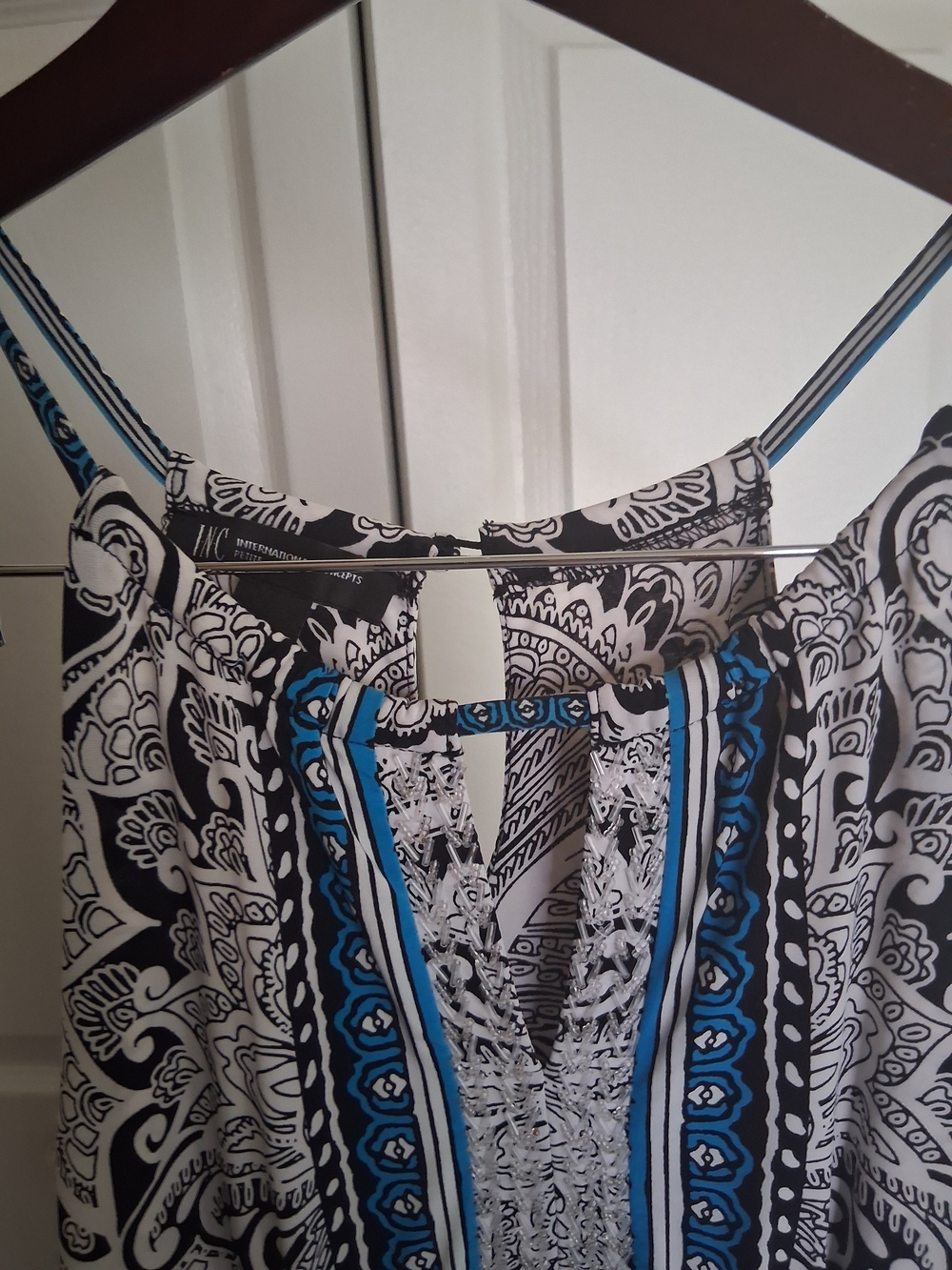 INC International Concepts Black and White Paisley Maxi Dress with Blue Trim - Picture 3 of 6